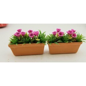Vintage Set 2 Clay Window Boxes Planters with Purple Flowers1:12"Scale