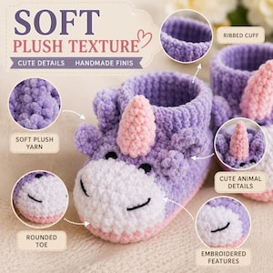 Könnte beinhalten: Ein Paar violett-weiße Häkel-Babyschuhe im Einhorn-Design mit weicher Plüschtextur, einem rosa Horn, abgerundeter Zehenpartie, geripptem Bündchen und gestickten Gesichtszügen. Der Text SOFT PLUSH TEXTURE ist zu sehen.