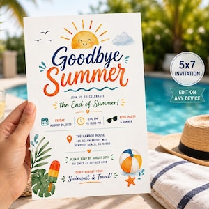 Peut inclure: Une carte d'invitation 5x7 intitulée Goodbye Summer avec des illustrations à l'aquarelle d'un soleil souriant, d'une glace, d'un ballon de plage et de feuilles tropicales. Le texte détaille une fête à la piscine le 29 août 2025.