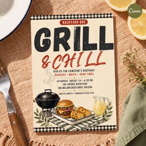 May include: A rectangular invitation card for a backyard BBQ party featuring the text Grill & Chill, Cameron's birthday details, a black charcoal grill, a cheeseburger, corn on the cob, and a glass pitcher of lemonade on a checkered cloth.