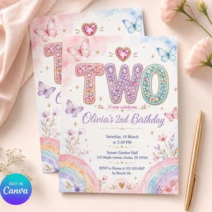 Puede incluir: Una tarjeta de invitación de cumpleaños con la palabra TWO en letras florales, mariposas y un arcoíris. El texto incluye: Come celebrate Olivia's 2nd Birthday, Saturday, 14 March at 2:30 PM, Sunset Garden Hall, 245 Maple Avenue, Austin, TX 78704.