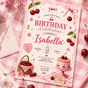 Op de afbeelding: Een rechthoekige verjaardagsuitnodigingskaart met een roze gingham-rand, kersenillustraties, een taart op een standaard en de tekst Please join us for a birthday celebration honoring Isabella, Saturday June 14 202X, 2:00 PM.