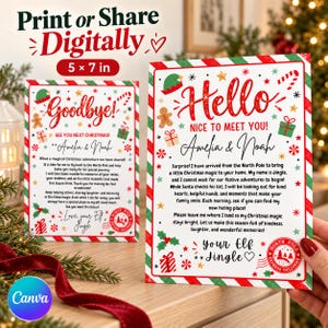 May include: Two 5 x 7 inch Christmas elf arrival and departure cards with red and green striped borders. The cards feature festive illustrations of elves, gingerbread men, and gifts, with printed text including Hello Nice To Meet You.
