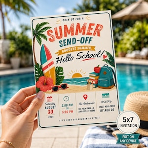 Könnte beinhalten: Eine rechteckige Einladungskarte mit dem Text JOIN US FOR A SUMMER SEND-OFF GOODBYE SUMMER, HELLO SCHOOL! sowie Illustrationen eines Surfbretts, einer Hibiskusblüte, einer Sonnenbrille, Büchern, eines Rucksacks und einer Sonne.
