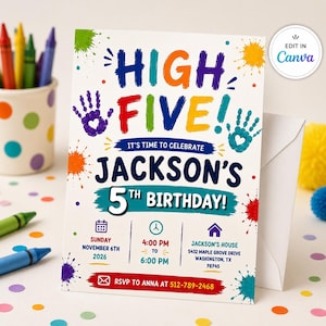 Inbjudan till High Five-fest, färgstänk till födelsedag, färgglad 5-årsfest, handavtrycksinbjudan, redigerbar Canvas-mall