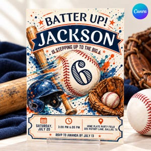 Può includere: Un invito di compleanno a tema baseball con una mazza di legno, una palla con il numero 6, un casco blu e un guanto in pelle. Il testo recita: BATTER UP! JACKSON IS STEPPING UP TO THE BIG 6, SATURDAY, JULY 20, 3:00 PM 6:00 PM, HOME PLATE PARTY FIELD.