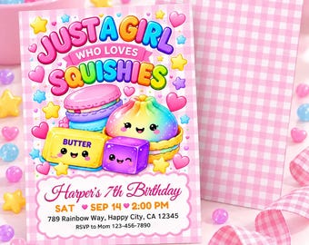 Peut inclure: Une carte d'invitation d'anniversaire rectangulaire avec une bordure à carreaux vichy rose et blanc. Le texte indique Just A Girl Who Loves Squishies, Harper's 7th Birthday, Sat Sep 14 2:00 PM, 789 Rainbow Way, Happy City, CA 12345, RSVP to Mom 123-456-7890.