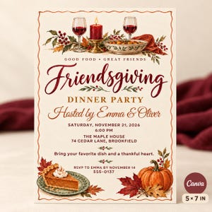 Einladung zum Friendsgiving-Dinner, illustrierte Thanksgiving-Mitbringparty mit Kürbiskuchen und Herbstlaub, bearbeitbare Canva-Vorlage