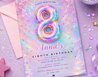 8th Birthday Invitation Girl, Iridescent Holographic Birthday Invite, Glitter Rainbow Eighth Birthday, Editable Canva Template