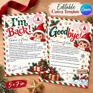 May include: Two rectangular Christmas-themed cards featuring an elf in a red hat. One card says I'm Back! and the other says Goodbye! with North Pole special delivery stamps, gift boxes, and evergreen branches. The text is addressed to Emma and Noah.