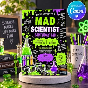 Könnte beinhalten: Eine rechteckige Geburtstagseinladungskarte mit schwarzem Hintergrund, neongrünen und violetten Schleimgrafiken, Illustrationen von Laborgeräten und dem Text Mad Scientist Birthday Lab, Samstag, 25. Oktober, 14:00 Uhr.