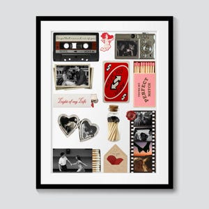May include: A framed collage featuring a black Sony cassette tape, a silver digital camera, a red Uno card, a pink matchbox labeled You're My Perfect Match, a lighter, a heart-shaped locket, a glass jar of matches, film strips, and an envelope.