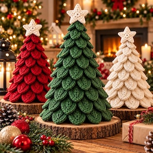 May include: Three cone-shaped decorative trees made of crocheted yarn, featuring a layered leaf-like texture. One tree is red, one is dark green, and one is cream-colored. Each tree is topped with a small, cream-colored crocheted star.