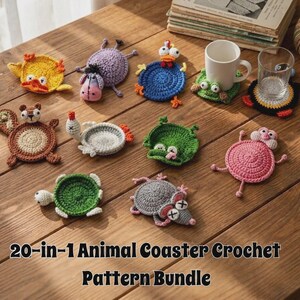 May include: A collection of colorful crochet animal coasters featuring various designs including a yellow duck, purple donkey, blue bird, green frog, brown squirrel, white swan, pink pig, green turtle, and gray mouse, with the text 20-in-1 Animal Coaster Crochet Pattern Bundle.
