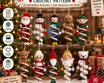 Puede incluir: Un patrón de ganchillo digital titulado Spiral Snowman & Friends con 10 adornos colgantes que incluyen a Santa, un muñeco de nieve, pingüino, hombre de jengibre, elfo, reno, la Señora Claus, gnomo, ángel y oso polar con cuerpos en espiral.
