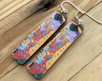 Gustav Klimt Earrings, The Kiss, REVERSIBLE image, Lightweight Wood, Sterling or Stainless Wire, Art Gift