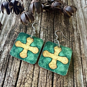 Medieval Cross Print One Inch Wood Earrings, REVERSIBLE, Sterling or Stainless Wire, Renaissance, Hand Made