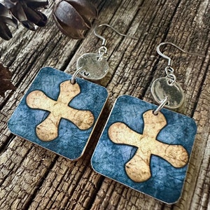 Medieval Cross Print One Inch Wood Earrings, REVERSIBLE, Sterling or Stainless Wire, Renaissance, Hand Made, Silver Connector