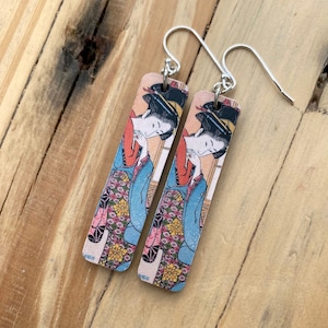 Vintage Geisha Print Earrings: Upcycled Wood, Sterling Silver Wire