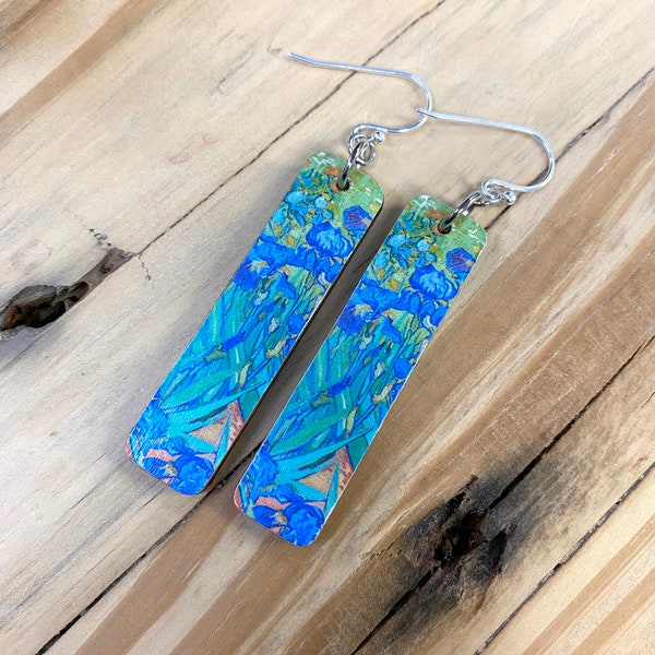 Van Gogh Earrings Blue Irises, Reversible, Matte Finish, Recycled Wood with Sterling or Stainless Wire