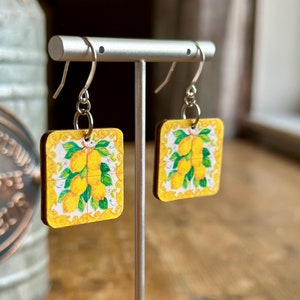 Italian Lemon Tile Print, Wood Earrings, Sealed Image on BOTH SIDES, One Inch Wood Square with Sterling or Stainless Steel Wire, Majolica