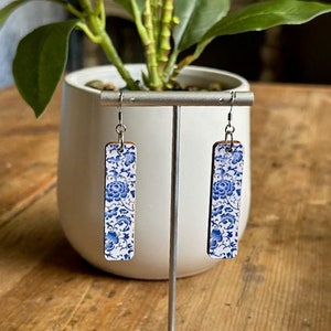 Blue China Pattern Earrings Print,  Lightweight Recycled Wood, REVERSIBLE,  Sterling Or Stainless Wire