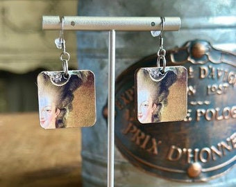 Marie Antoinette by Gautier Print Earrings, One Inch Square, REVERSIBLE, Sterling or Stainless Wire, Art Gift, History
