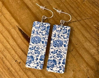 Blue China Pattern Earrings on Both Sides with Sterling Silver French Wire NEW SIZE Lightweight Recycled Wood