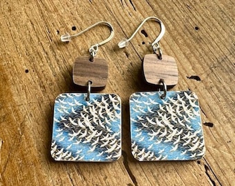 Japanese Earrings,  Vintage Yuzen Chiyogami Paper Print on Wood with Connector, Sealed, Lightweight Sterling or Stainless Wire, REVERSIBLE!