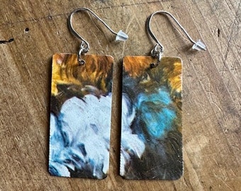 Salvaged Renoir Tin Retro Earrings, Distressed, Hand Cut, Recycled Upcycled Tin, Bouquet of Chrysanthemums, Art Gift