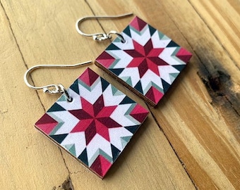 Red Green Star Quilt Pattern Earrings, REVERSIBLE, One Inch Recycled Wood, Sterling or Stainless Wire, Barn Art, Quilt Gift, Handmade