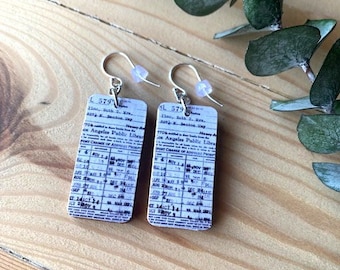 Library Card Earrings, Book Lovers, Image on Both Sides, Sterling or Stainless Steel Wire, Lightweight Recycled Wood, Reader Gift