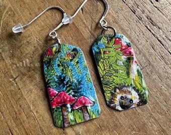 Upcycled Vintage Tin Earrings, Woodland Creatures, Textured, Gift, Salvaged Tin, Hand Cut, Boho Earrings