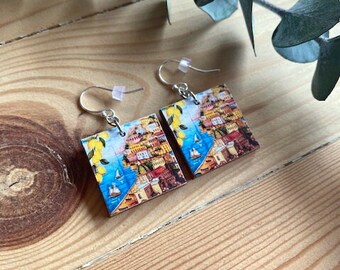 Positano Italy, Tile Wood Earrings, REVERSIBLE, One Inch Wood Square with Sterling or Stainless Wire, Amalfi Coast