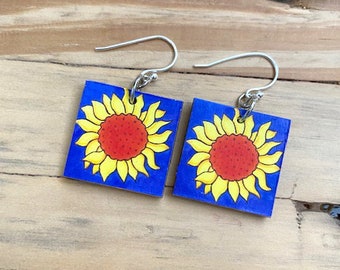 Sunflower Earrings Talavera Mexican Tile Design Sealed Double Side Image on One Inch Square Recycled Wood Pendant with Sterling French Wire