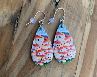 Italy Earrings, Italian Watercolor, Reversible, Lightweight Wood, Sterling Silver French Wire, Tuscany, Umbria