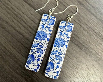 Blue China Pattern Earrings Print,  Lightweight Recycled Wood, REVERSIBLE,  Sterling Or Stainless Wire