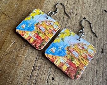 Positano Italy Print, Tile Wood Earrings, REVERSIBLE and Lightweight, One Inch Wood Square with Sterling or Stainless Wire, Amalfi Coast