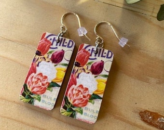 Seed Pack Earrings, Vintage Seed Pack Image on Both Sides, Sterling or Stainless Wire Lightweight Recycled Wood