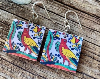 Mexico Earrings, Folk Art Tile Print,  Handmade, Wood Square, Sterling  or Stainless Wire, REVERSIBLE, Mexico, Bird Gift, Folklorico