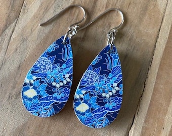 Japanese Yuzen Chiyogami Earrings DOUBLE SIDED on Lightweight Wood Topped with Sterling Silver French Wire Blue