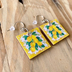 Italian Lemon Tile Print, Wood Earrings, Sealed Image on BOTH SIDES, One Inch Wood Square with Sterling or Stainless Steel Wire, Majolica