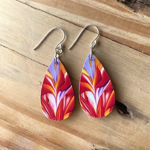 Georgia O'Keeffe Earrings Red Canna, REVERSIBLE, Lightweight Teardrop Recycled Wood, Sterling Silver or Stainless Steel Wire