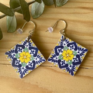 Talavera Earrings, Tile Print, Reversible, One Inch Square, Recycled Wood Pendant with Sterling or Stainless Wire, Mexican Earrings, Mexico