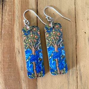William Morris Earrings, Woodpecker,  Reversible, Lightweight Recycled Wood Topped with Sterling or Stainless Steel Wire, Art