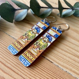 Italian Tile Print Earrings, Recycled Wood Pendant, Pastry Chef, Sterling Silver French Wire, REVERSIBLE, Baker Gift