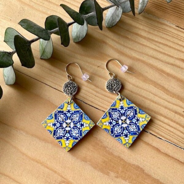 Majolica Earrings, Italian Tile Print, Reversible,  One Inch Square, Recycled Wood,  Sterling Silver, Italy, Italy Gift