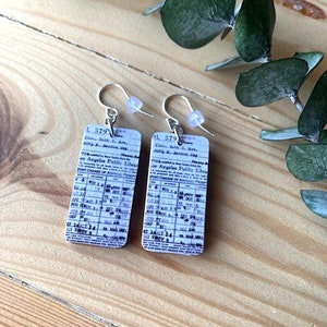 Library Card Earrings, Book Lovers, Image on Both Sides, Sterling or Stainless Steel Wire, Lightweight Recycled Wood, Reader Gift