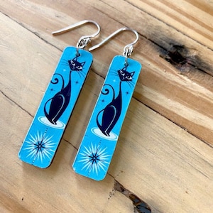 Black Cat Earrings Atomic Retro on Lightweight Recycled Wood Pendant with Sterling Silver or Stainless Steel Wire REVERSIBLE