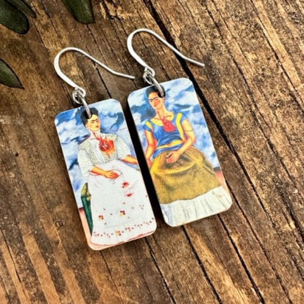 Frida Kahlo Earrings, The Two Fridas, REVERSIBLE, Sterling or Stainless Steel Wire, Lightweight Recycled Wood